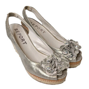 VTG Y2K Wedge Fairy Angel Silver Leather Flower‎ Crystal Slingback Sandal 8.5